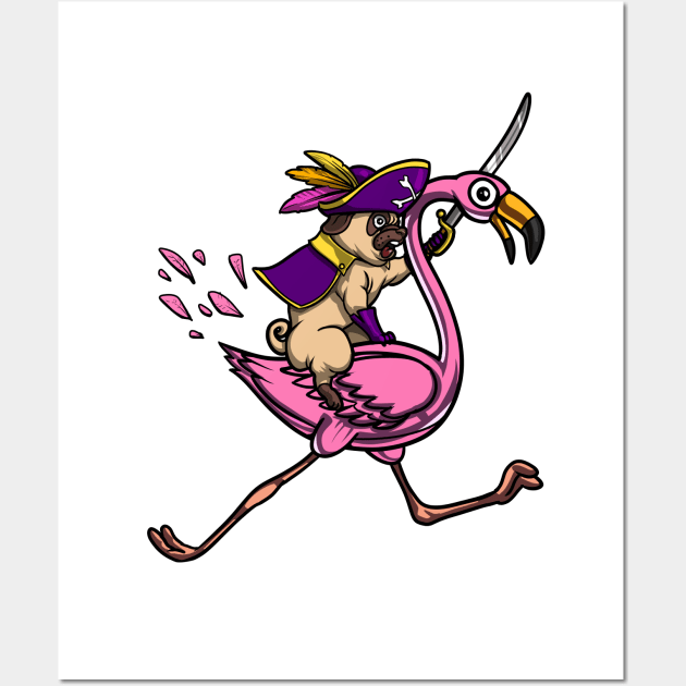 Pug Dog Pirate Riding Flamingo Wall Art by underheaven